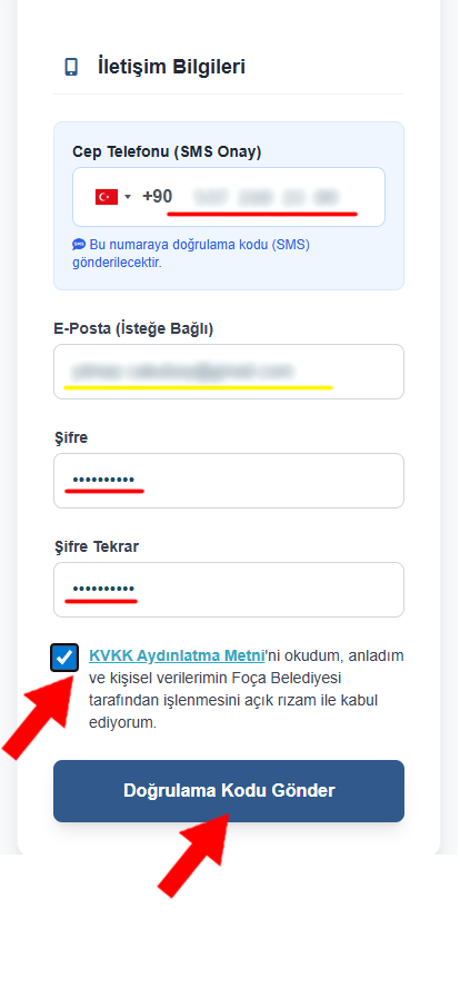 İletişim ve Şifre Ekranı